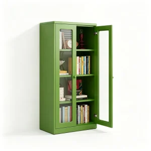 Olive Green Glass Door Bookcase Dustproof Iron Bookshelf Storage Cabinet Living Room Home Display Rack