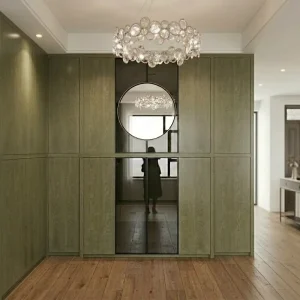 Olive Green Wood Vertical Split Glass Sliding Master Bedroom Wardrobe Central Round Mirror Garment Storage Closet