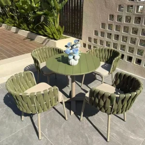 Olive Green Woven Rope Outdoor Dining Set 4/6 Seater Patio Furniture for Garden Cafe Balcony & Commercial Use