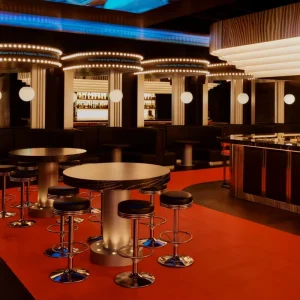 One stop Reliable Nightclub Red Leather Dining Sofa Set Black Bar Stool