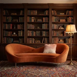Orange Velvet Asymmetrical Curved Sofa Modern Statement Couch with Gold Legs for Hotel Library