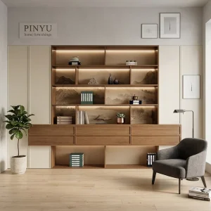 Oriental Subtle Wood Book Storage Unit Study Office Wall Cabinet Wardrobe Closet LED Decor Display Shelf