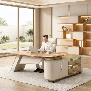 Original Factory Customization Modern Minimalist CEO Desk Curved Edge Luxury Office Table with Fingerprint Lock Side Cabinet