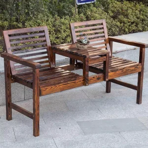Outdoor 2-Seater Carbonized Solid Wood Bench with Built-in Table for Patio Garden Balcony