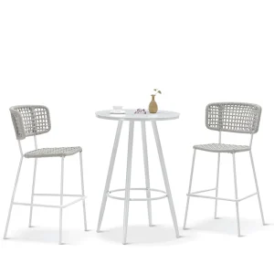 Outdoor 3pcs Bar Set Steel Frame Woven Belt Barstools and Table Set Outdoor Patio Home Bar Furniture