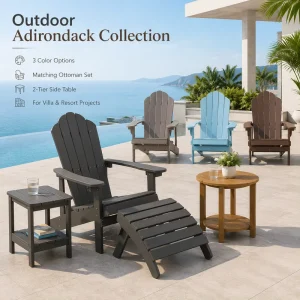 Outdoor Adirondack Dining Chair Set with HIPS Plastic Patio Furniture and Ottoman for Resort Hotels