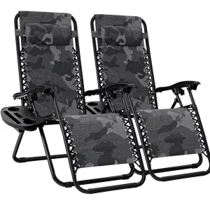 Outdoor Adjustable Steel Mesh Zero Gravity Lounge Chair Recliners with Pillows Cup Holder Trays Foldable Kitchen & Dining