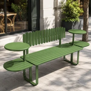 Outdoor All Metal Park Bench With Side Table Modern Slatted Backrest Public Leisure Bench For Street Mall Landscape