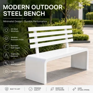 Outdoor All Metal White Park Bench with Backrest Integrated Curved Steel Public Leisure Seat for Community Park Plaza Bus Stop