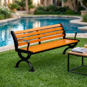Outdoor Anti-Corrosion Wood Bench With Iron Frame And Plastic-Wood Backrest Casual Seating Simple Modern Style Movable