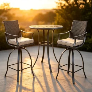 Outdoor Bar Furniture Set PE Wicker Swivel Counter Stools Round Metal Bar Table High Density Seat Cushions