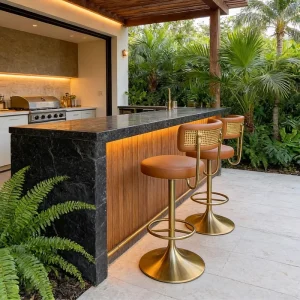 Outdoor Brown Leather Bar Stools W Gold Metal Base with Back Swivel Counter Chairs for Patio Kitchen Island Backyard Bar