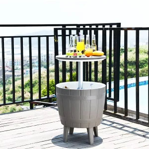 Outdoor Cooler Table Height Adjustable Patio Bar Tables 8 Gallon Beer and Wine Cooler 3 in 1 Rattan Style Ice Bar