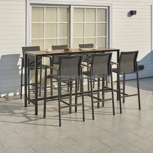 Outdoor Furniture Aluminium Bar Chair and Teak Top Table Bar Sets Outdoor Bar Stools Sets for 6