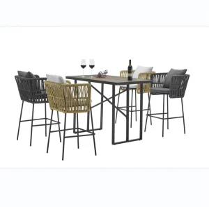 Outdoor Garden Patio Furniture Factory Rope Woven Belt Weaving High Quality Bar Stool Dining Chair and Table Bar Set