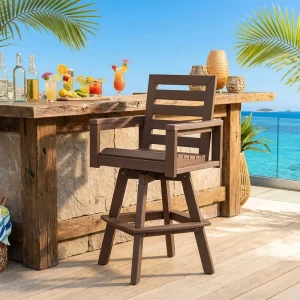 Outdoor HDPE 360 Swivel Bar Stool with Armrest Ladder Back Lumber Bar Height Patio Chair with Footrest for Backyard Poolside