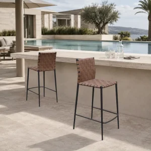 Outdoor Leather Woven Bar Stool Resort Poolside Stainless Steel Bar Chair for Hotel Resort Bar Counter Project