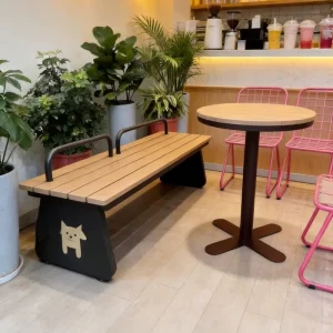 Outdoor Long Bench With Puppy Pattern Hooks Customizable Table Chairs for Pet Cafe Activity and Rest Area