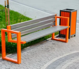 Outdoor Metal Park Bench Modern Orange Frame Public Garden Bench Waterproof Plastic Wood Street Side Walkway Seating Bench