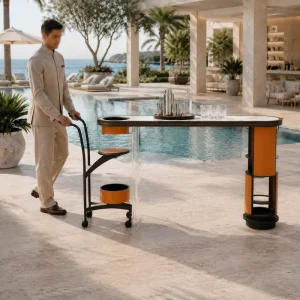 Outdoor Mobile Bar Counter Resort Poolside Outdoor Serving Mobile Trolley Stainless Steel Frame for Hotel Resort Projects