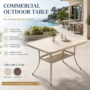 Outdoor Modern Waterproof Rectangular Aluminum Dining Table FLD1218 for Hotel Resort Commercial Patio Use