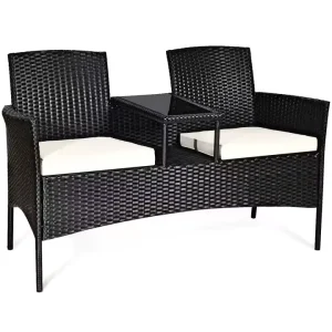 Outdoor PE Rattan and Metal Patio Bench and Chair Table Set Modern Design Waterproof Cushioned Seating for Hotel Use
