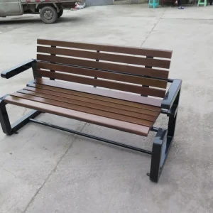 Outdoor Park Bench with Backrest Galvanized Steel Frame Wooden Slat Garden Bench