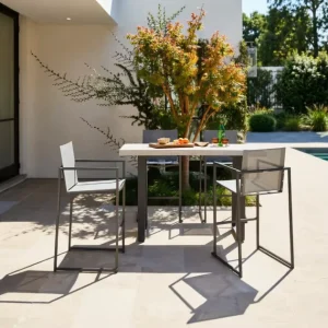 Outdoor Patio High Bar Table Set Matte Dark Metal Frame Weather Resistant Sling Chairs