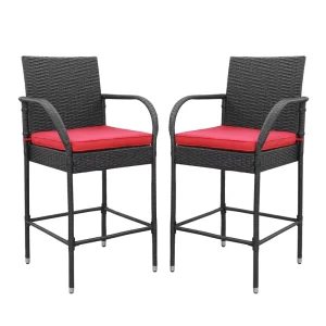 Outdoor Rattan Bar Stools with Armrest All Weather Wicker Counter Height Bar Chairs Metal Frame Patio Garden Cafe High Bar Stool