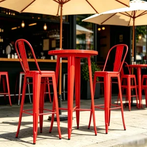 Outdoor Red Metal Round Bar Table and Chairs Set Commercial Bistro Patio High Stool Furniture
