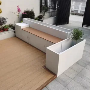 Outdoor Seat Planter Combination LED Light Bench Fence Square Seating Bench Wood Stainless Steel Long Bench Outdoor Use