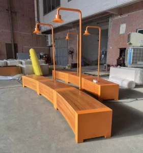 Outdoor Shopping Mall Wooden Bench Metal Bench Chair with Floor Lamp