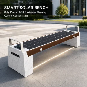 Outdoor Smart Solar Bench with USB Wireless Charging and LED Lighting for Park Campus Public Space