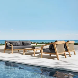 Outdoor Sofa Garden Sofa Crisp Raked Legs and Angled Arms Solid Wood Teak With Rattan Wicker Lounge Chair