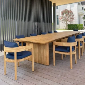 Outdoor Teak Dining Table Set with Solid Wood Armchairs Navy Cushions for Hotels Resorts Restaurants Garden Patio Furniture Use