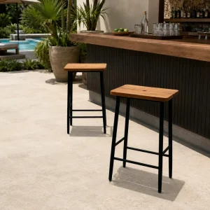 Outdoor Teak Seat Design Bar Stool Hotel Pool Stainless Steel Frame bar Chair for Hotel Resort Pool Bar Projects