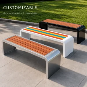 Outdoor U Shape Thickened Metal Frame WPC Park Bench No Backrest Public Garden Patio Wood Plastic Composite Long Bench