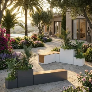 Outdoor Wooden Bench with Integrated Flower Planters Garden Seating for Patio Yard Park