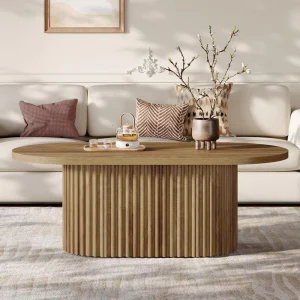 Oval Coffee Table 47.2″ Farmhouse Wooden Center Table with Fluted Design for Living Room Office Apartment