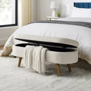 Oval Fabric Storage Ottoman Bench with Rubber Wood Legs Multifunctional Storage Footrest Seat for Bedroom Entryway Living Room