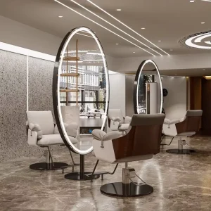 Oval LED Salon Mirror Station Chairs Durable Stainless Steel Modern Hair Styling Set for Professional Hair Salons Styling
