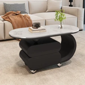 Oval Rolling Sintered Stone Coffee Table with Wheels Modern Luxury Movable Center Table for Living Room