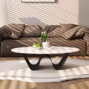 Oval shaped Slate Coffee Table with Iron Frame Modern Design for Home Living Rooms and Small Spaces