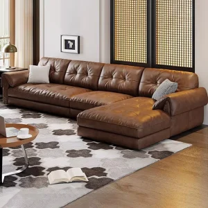 Oversized Wide Arm Oil Wax Leather Sofa Minimalist Brown L Shape Chaise Lounge Comfort Apartment Sponge Filled Leather Couch Set