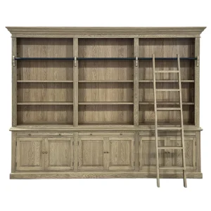 P1808 French Rustic Antique Home Office Library Furniture Solid Oak Wood Large Ladder Storage Wooden Bookshelf Bookcase