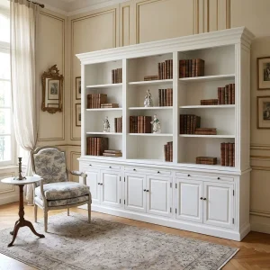 P1808W-1 French Provincial Hampton Style Antique Solid Wood Bookshelf White Library Bookcase Wooden