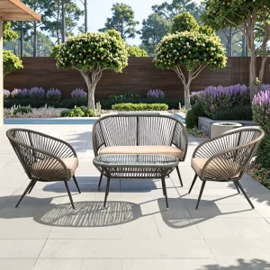 PE Rattan Chair and Double Sofa Set with Waterproof Polyester Cushion for Outdoor Garden Hotel Use