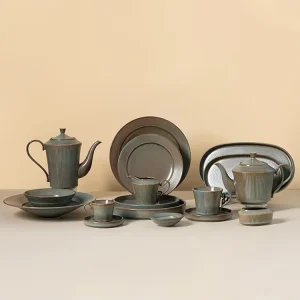P&T Matte Grey Organic Modern Catering Tableware Plate and Bowl Set Porcelain Ceramic Dinnerware Set for HoReCa Commercial