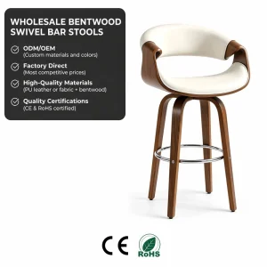 PU Leather Bar Stool for Home Bar and Kitchen Island Walnut Colored Bentwood Swivel Bar Stool
