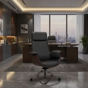 PU Leather High Back Industrial Boss Chair Adjustable Height Revolving Gliding Solid Back Modern Design Aluminum Base Office